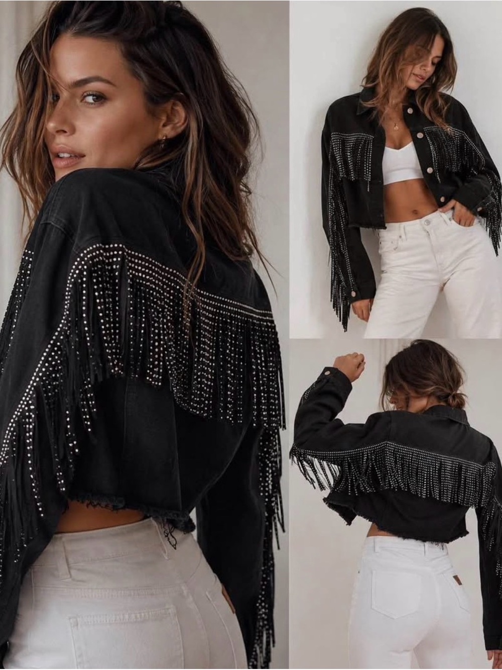 Black Rhinestone Fringe Cropped Denim Jacket size M